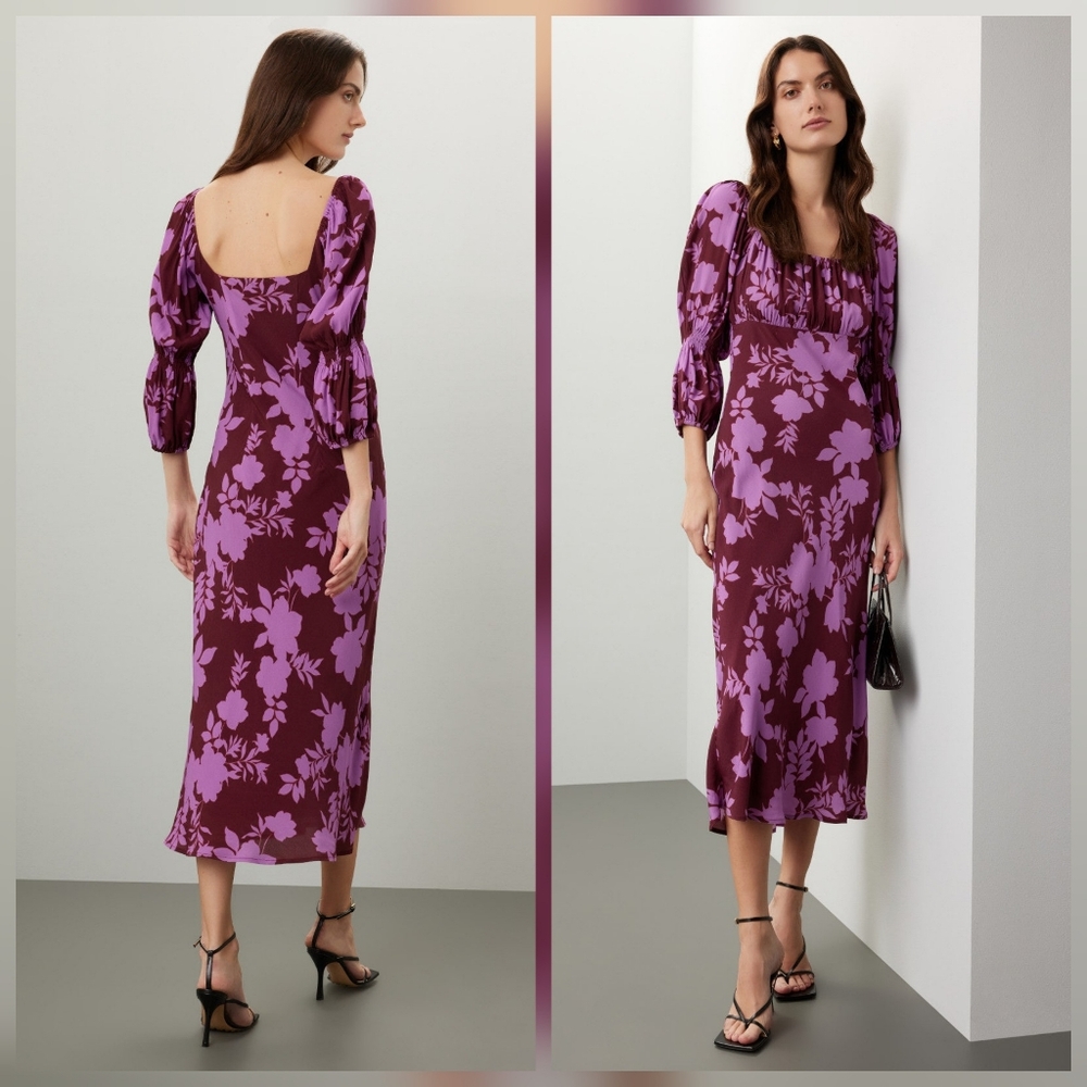 Peter Som  Floral Midi Square-Neck Dress Long Sleeves Square Neck Size 12